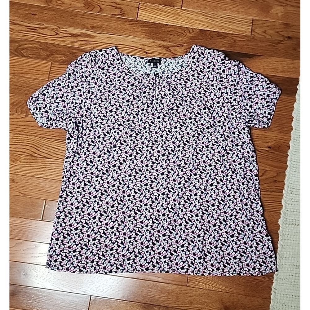 Talbots Top XL Floral Short Sleeve Blouse Keyhole Boho Crew Neck Pink Black - Picture 13 of 13